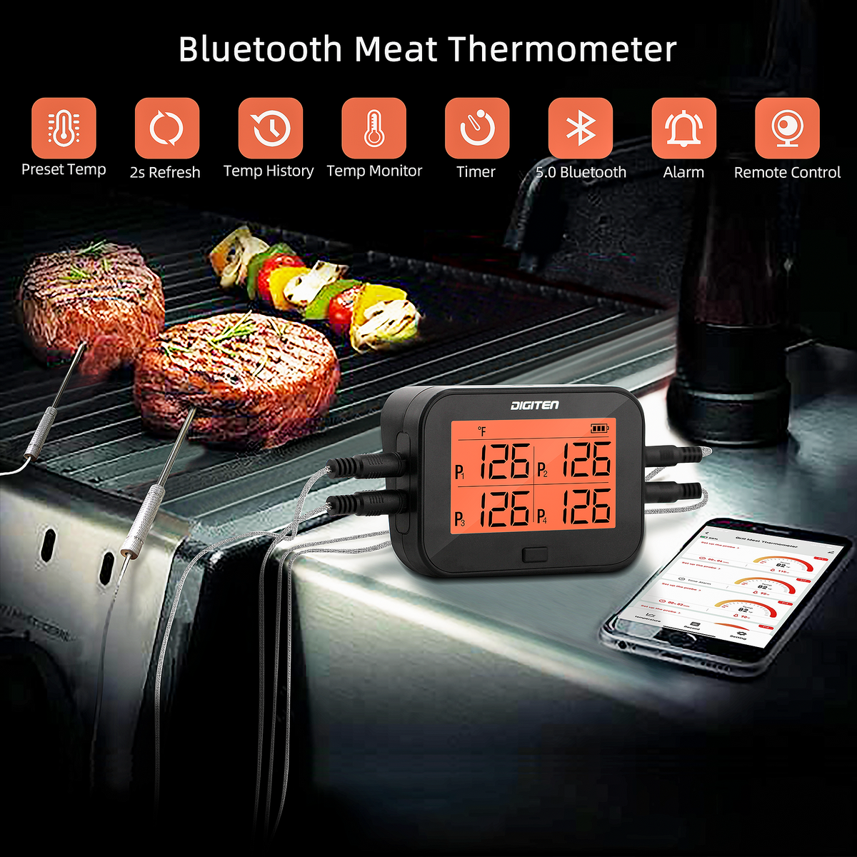 Bluetooth Digital BBQ Thermometer Cooking Grill Meat Probe